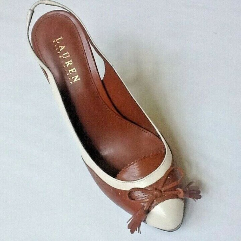 new Size 8.5 Narrow COGNAC & CREAM Ralph Lauren KALIDA Spectator Slingback Shoes - Picture 6 of 11